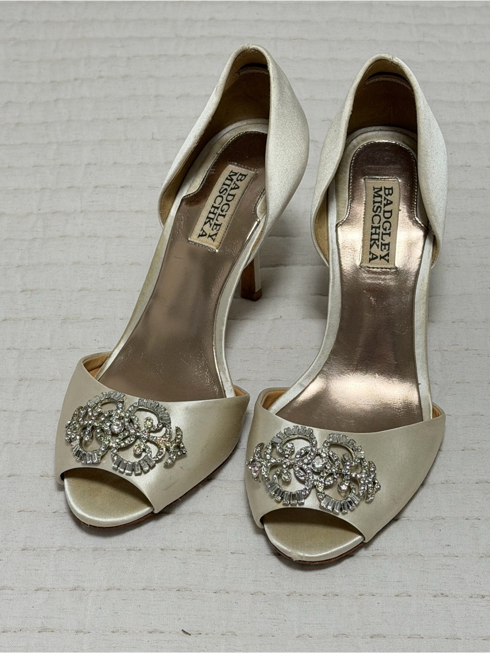 Badgley Mischka Ivory Satin Crystal-Embellished Peep-Toe Heels